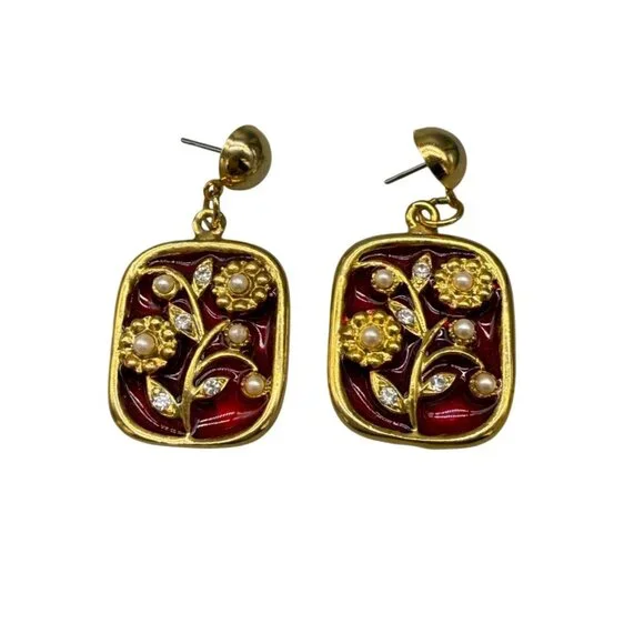 Earrings Dangle Floral Rhinestone Faux Pearls Enamel Asian Gold Tone - Picture 2 of 7